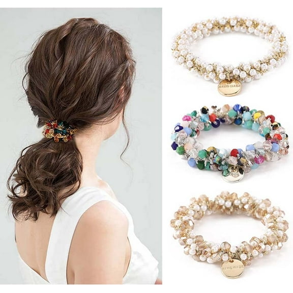 Dalrosia 3PCS Hair Ties Crystal Elastic Hair Scrunchies Stretchy Hair Accessories Bead Ponytail Holders Boho Hair Bands for Women and Girls