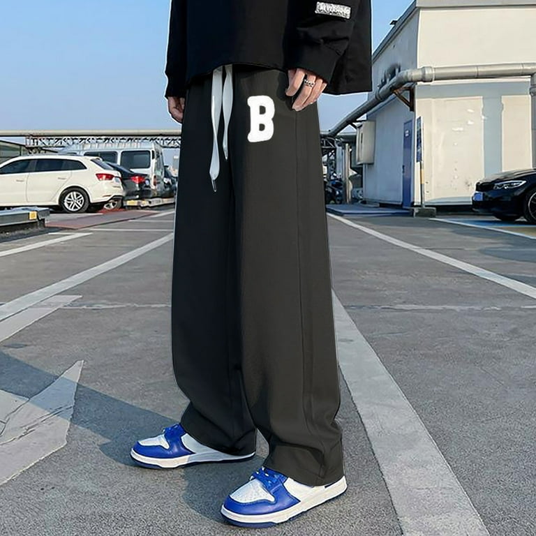 Mens Sweatpants Loose Fit Wide Leg Drawstring Pants Solid Color