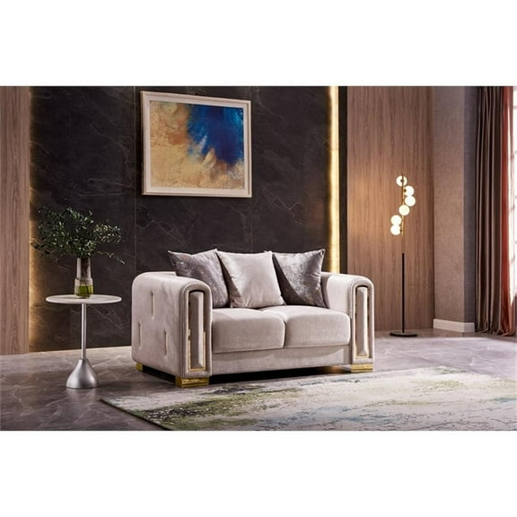 Pemberly Row Thick Velvet Fabric Loveseat Made With Wood in Beige