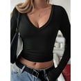 thumbnail image 5 of Long Sleeve Shirts for Women Fall Fashion V Neck Basics Crop Tops Slim Fitted Y2K Tops Outfits Clothes Black L, 5 of 8