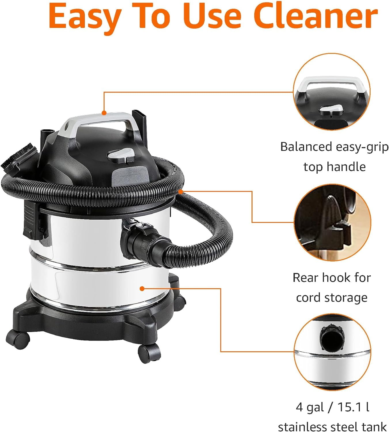 Wet Dry Shop Vacuum Cleaner, 4 Gallon, 3 HP Stainless Steel, Grey/Black