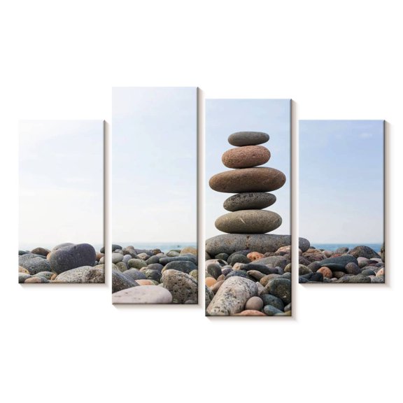 Elephant Stock Seaside Stone Stack Wall Art - Horizontal Multi Panel Canvas - Living Room Wall Decor - Wellness Multi Panel - Gray And Blue Decor - 75" x 48"