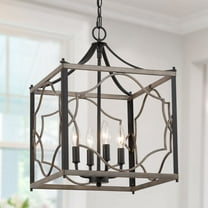 LNC 4-Light Black Square Farmhouse Chandelier Lamp with Wood Accent, LED Kitchen Island Light