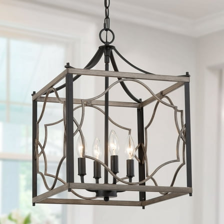 LNC 4-Light Black Square Farmhouse Chandelier Lamp with Wood Accent, LED Kitchen Island Light