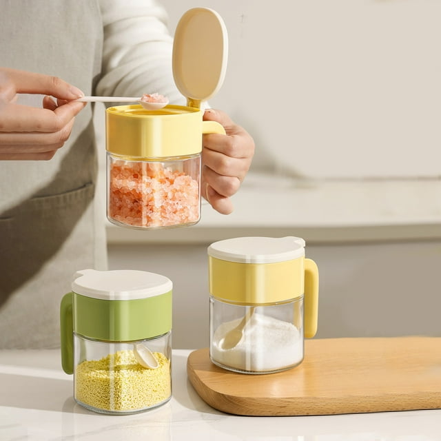Frascos de Especias de Vidrio de 360 Ml con Tapa Abatible | Juego de 1 | Organizador Hermético de Cocina para Especias y Hierbas | Tamaño Compacto de 10 X 10 X 8 Cm En Beige, Verde o Amarillo