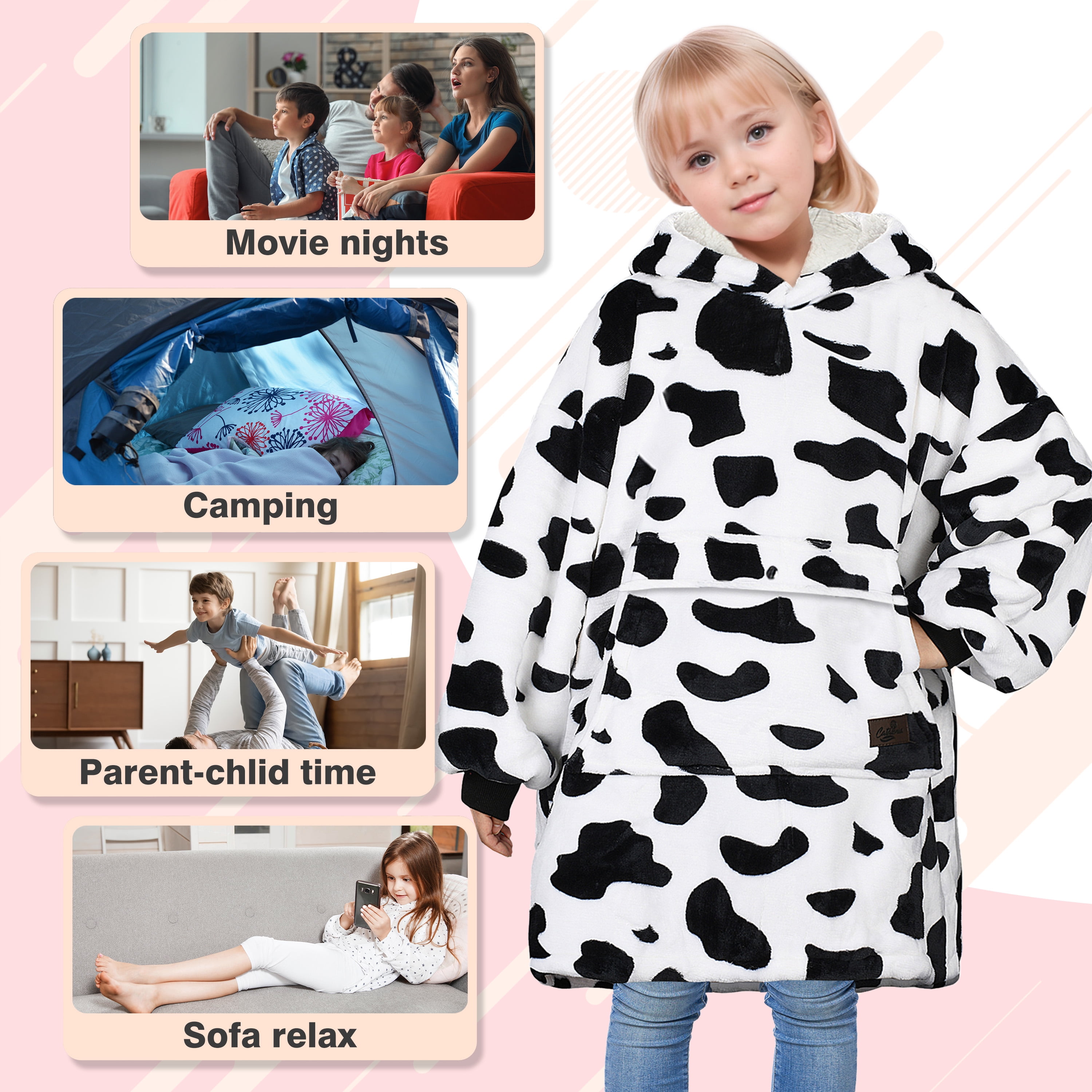 Catalonia Cow Print Kid's Oversized Wearable Blanket Hoodie Sweatshirt,  Comfortable Fleece  Pullover for 7-16 yr Teens Youth, Cow Gift for Cow Lovers