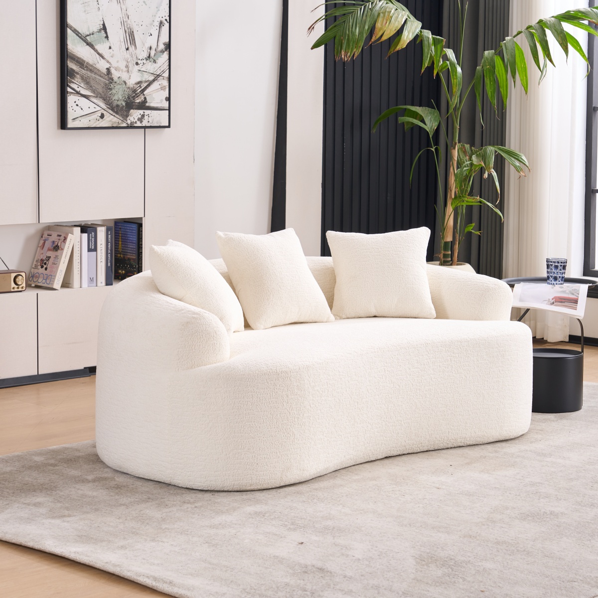 Curved Loveseat - 30D Chenille Sofa with Full Compression Sponge, 65"L 300 lbs Capacity, 3 Pillows No Assembly for Small Spaces & Apartments,Off-White