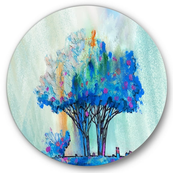 Designart 'Blue Coloured Tree Abstract Impression I' Modern Circle Metal Wall Art 36x36 - Disc of 36