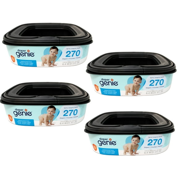 4 Pack - Diaper Genie Square Refill, can Hold up to 270 Newborn-Sized Diapers, Max Odor Lock, Unscented