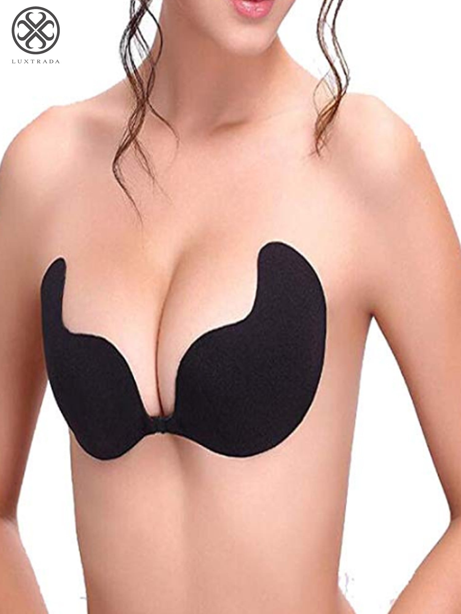 Luxtrada Strapless Sticky Bra Self Adhesive Backless Push Up Bra Reusable  Invisible Silicone Bras for Women 2pcs-Black+Skin,B Cup