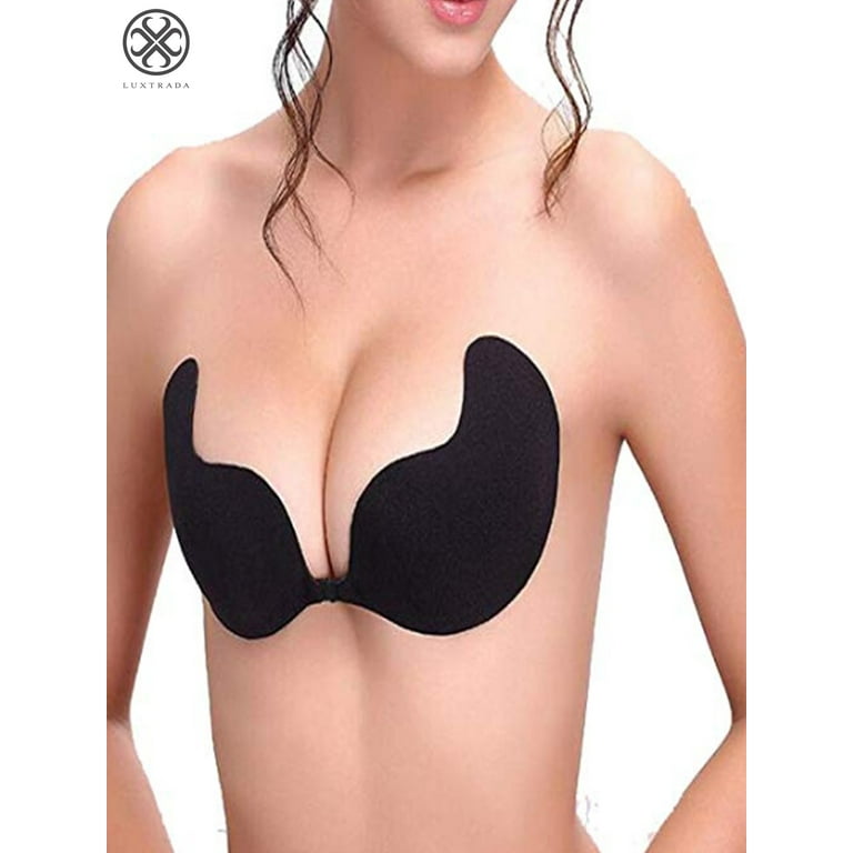 Luxtrada Strapless Sticky Bra Self Adhesive Backless Push Up Bra Reusable  Invisible Silicone Bras for Women 2pcs-Black+Skin,B Cup 