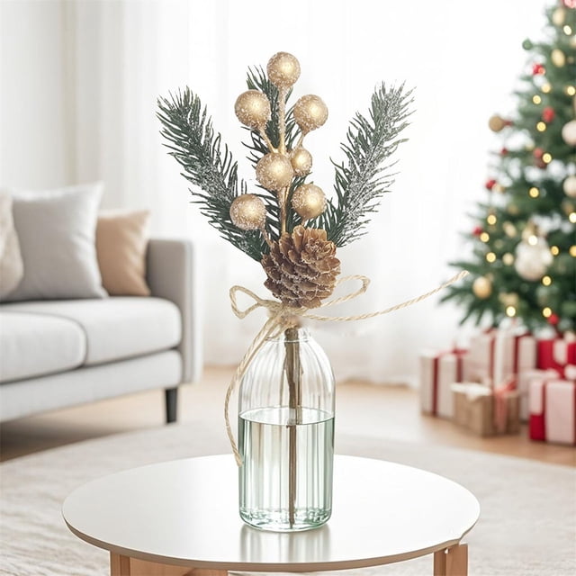 24 Pcs Baies de Noël Tiges Rouges Branches de Pin à Feuilles Persistantes, Baies Rouges de Noël Pics de Houx en Vaporisateur, Fleurs Artificielles pour Décoration de Table d'Anniversaire de Mariage, Décoration d'Arbre de Noël