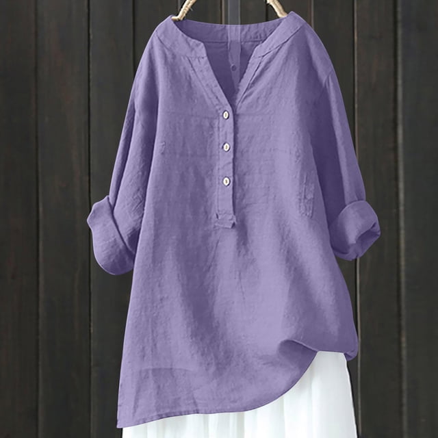 LSLJS T-Shirts pour Femmes Col en V Manches Longues Tunique en Coton et Lin Chemises d'Été Blouse