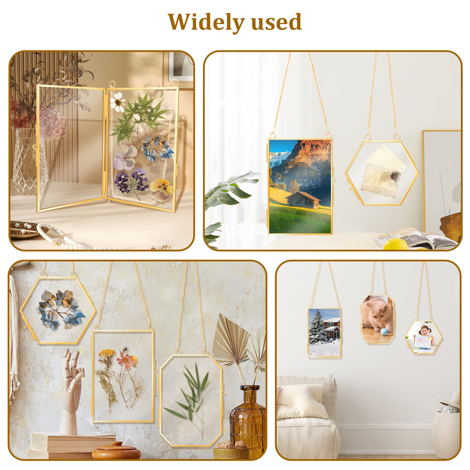 3Pcs Pressed Flower Frames with Tweezers Hanging Glass Picture Frames with Metal Chain Gold Double Glass Frame Elegant Hanging Picture Frames for Artwork Display