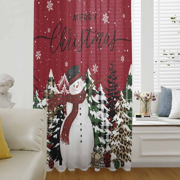 Red Christmas Semi Sheer Curtains Drapes for Living Room, Bedroom, French Doors Window 108 Inches Long, Snowman Snowflake Xmas Tree Rod Pocket Chiffon Curtain Drapery Voile Draperies Panel