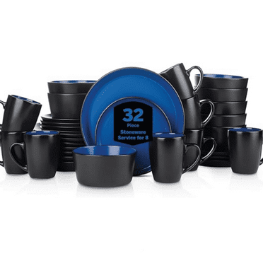 32-Piece Mod Dinnerware Set, Kitchen Plates and Bowls Sets, Dish Set for 8, Blue and Black