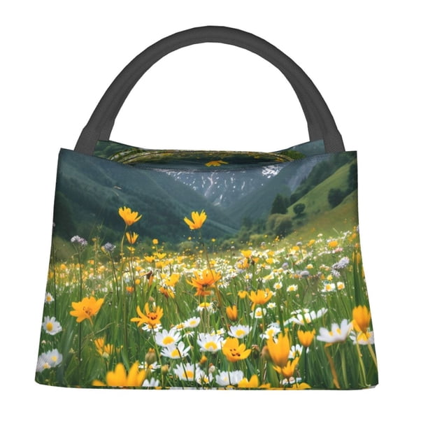 Fotbe Mountain Daisy Meadow Bolsa Térmica Portátil con Estampado, Bolsa de Entrega de Alimentos Aislada, Bolsa Reutilizable de Gran Capacidad para Comidas y Supermercado