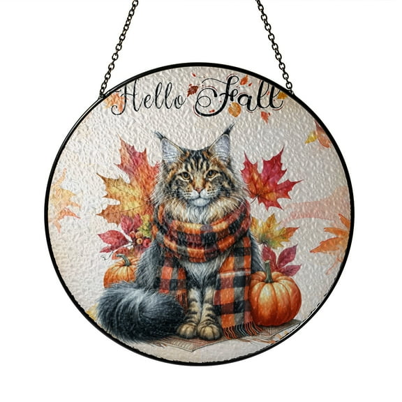 Hello Fall Maine Coon Scarf Welcome Autumn with Leaves Pumpkins Stained Glass Suncatcher Cat Lover Kitten Owner Gifts Window Hanging Sign Decor - 000111