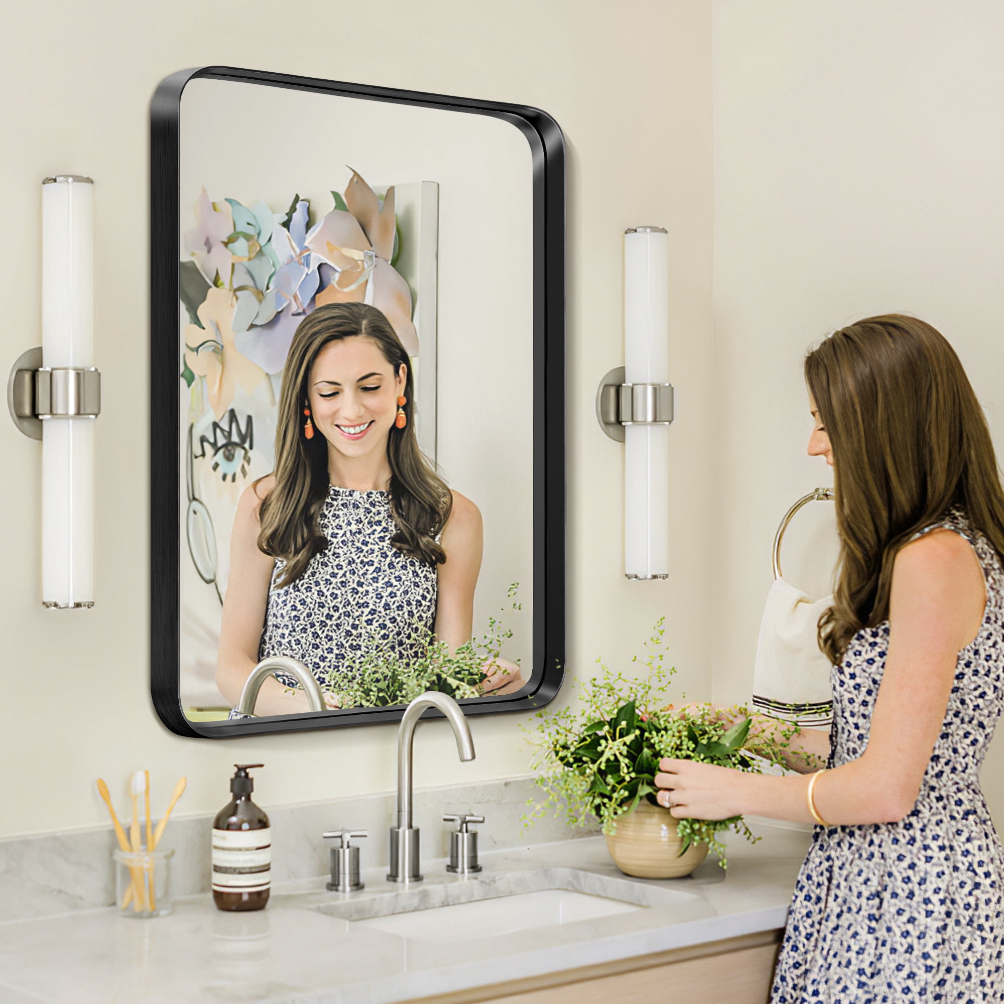 38"x26" Aluminum Alloy Wall Mount Rounded Corner Rectangular Mirror,Black