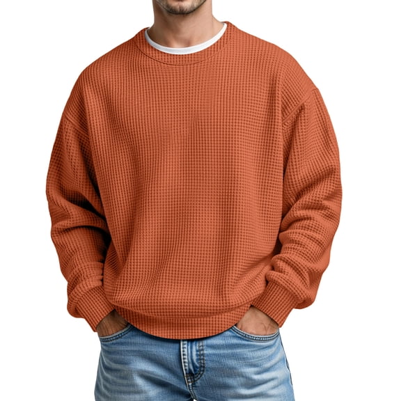 Oversized Sweaters for Men Thermal Knit Long Sleeve Crewneck Soft Lightweight Men Fall Clothes,Orange,XL