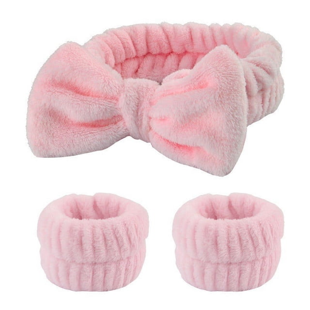 Zhuge Juego de 3 piezas de diademas de spa, muñequeras, puños para lavarse la cara para evitar derrames de líquidos, cintas para el cabello, muñequeras de toalla para mujeres (rosa)