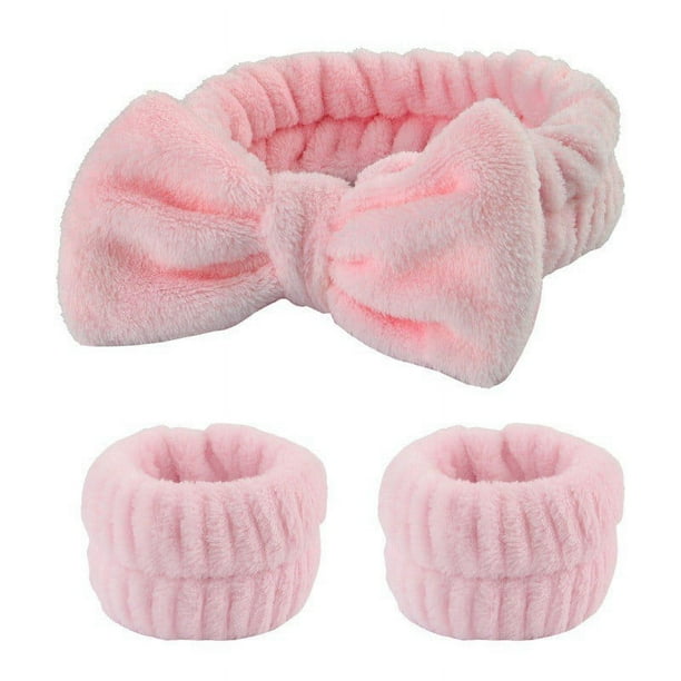 Zhuge Juego de 3 piezas de diademas de spa, muñequeras, puños para lavarse la cara para evitar derrames de líquidos, cintas para el cabello, muñequeras de toalla para mujeres (rosa)