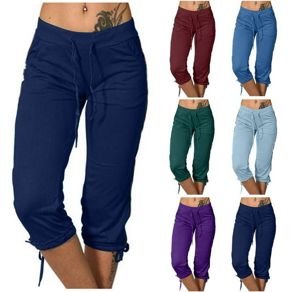 Capri Pants for Women, Xunlbb Women's Summer High Waisted Solid Color Matching Slim Fitting Yoga Gym Pants(Navy,S)