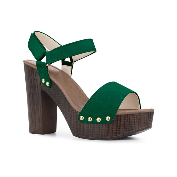 BLISSFUL STEP Women's Platform Slingback High Block Heels Sandals Green (Size 8)