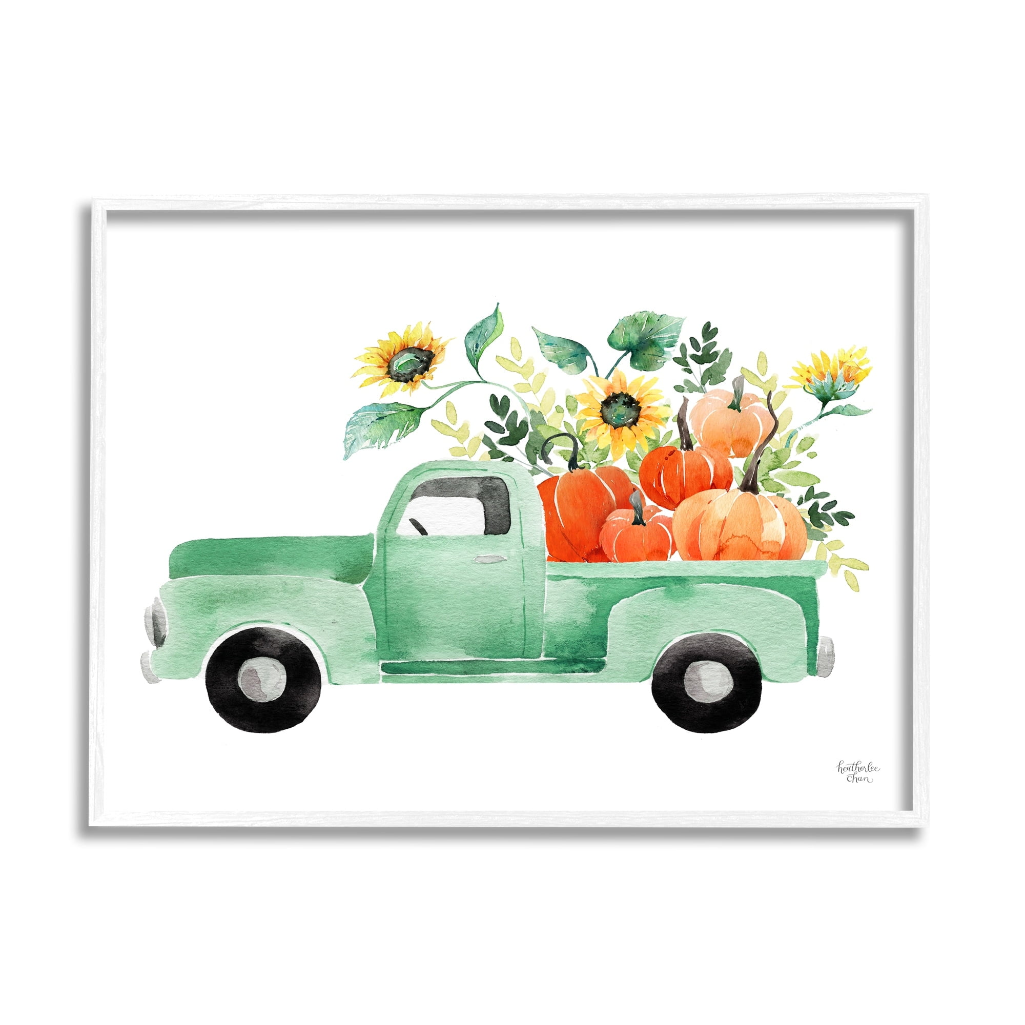 Stupell Industries Autumnal Plants Pumpkins Seasonal Green Pickup Truck Painting White Framed Art Print Wall Art, Design by Heatherlee Chan