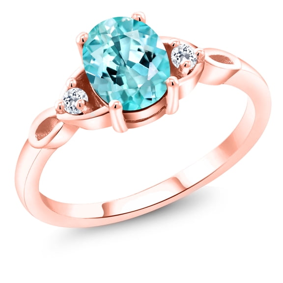 Gem Stone King 18K Rose Gold Plated Silver Blue Apatite and White Topaz 3-Stone Rings for Women (1.28 Cttw, Gemstone, Oval 8X6MM, Size 8)