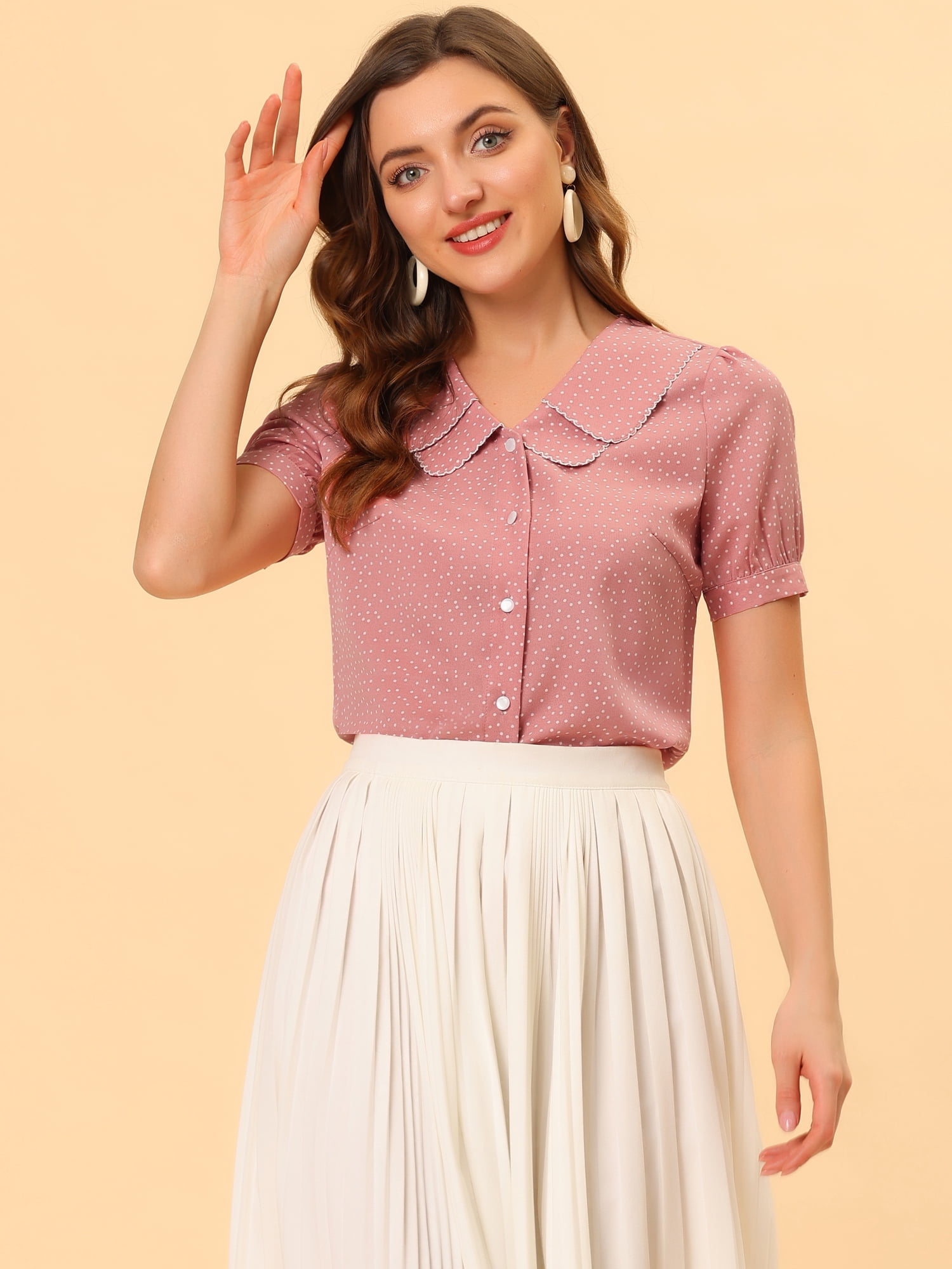DARING DIVA Women's Polka Dots Peter Pan Collar Puff Sleeve Shirt 3XL Pink
