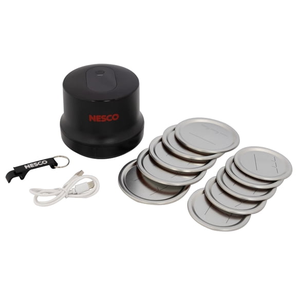 NESCO Electric Mason Jar Vacuum Sealer with 10 assorted lids, Type-C Charging Cable, and Bottle/Jar Opener