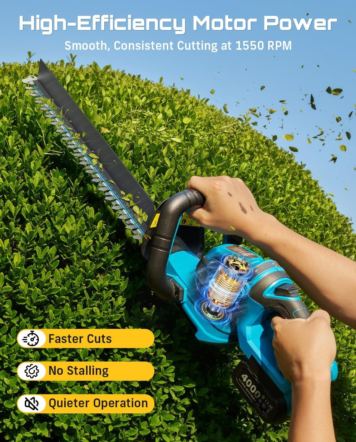 SEESII 22" Cordless Hedge Trimmer: 20V Electric Bush Trimmer with Debris Collector, 2 Pcs 4000mAh Batteries, Dual-Action Blade, 3/4" Blade Gap, Rotatable Handle, Handheld Shrub Hedge Clipper for Yard
