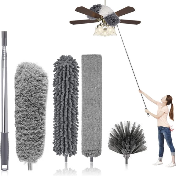 Microfiber Feather Duster Kit with Extension Pole (30–100") – Bendable Washable Heads, Extendable Dusters for Cleaning Ceiling Fan, High Ceiling, Blinds, Furniture & Cars