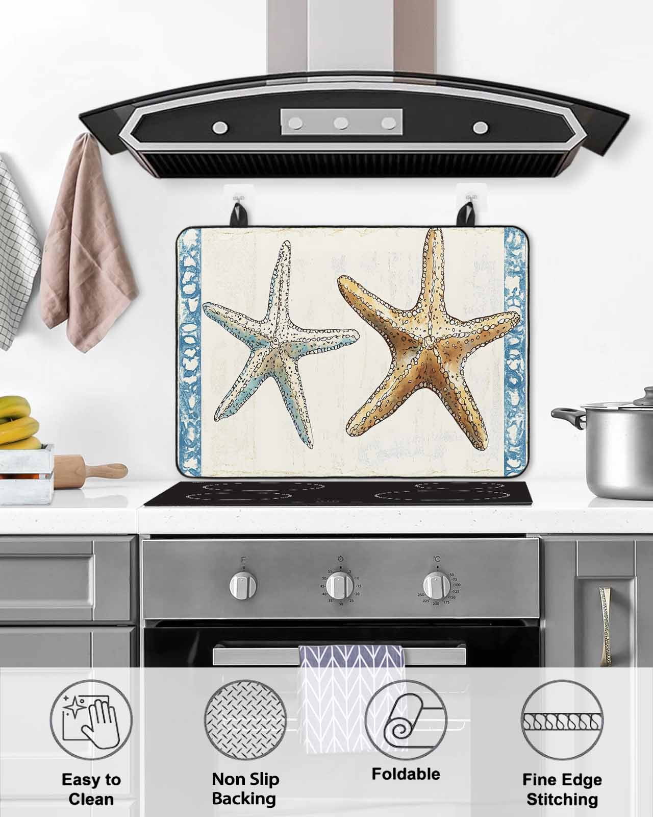 nqOlkjepod Large Induction Cooktop Protector Mat 24"x21", Blue Beige Coastal Beach Stove Top Covers for Electric Stove, Summer Vintage Starfish Stove Burner Cover Mats, Glass Top Stove Cover