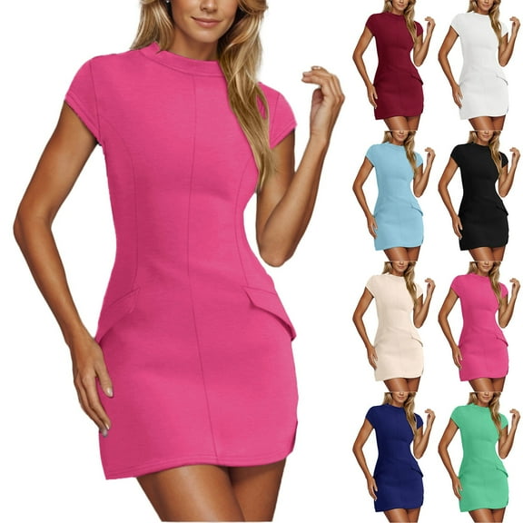 50% Off Clear! Women Casual Summer Dresses Womens Summer Solid Dress Mock Neck Short Sleeve Bodycon Party Club Mini Dresses