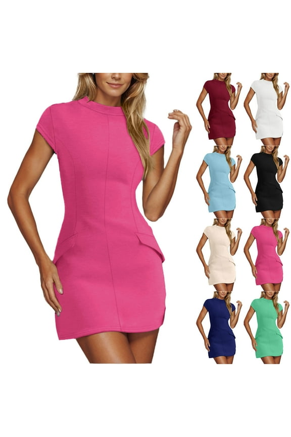 Womens Bodycon Party Dress Formal Mock Neck Dresses Trendy Cap Sleeve Club Wear Slim Fit Mini Dress
