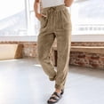 thumbnail image 2 of LEKODE Straight Leg Corduroy Pants Women Comfy Drawstring Elastic Waist Pants with Pockets Casual Joggers Khaki M, 2 of 6