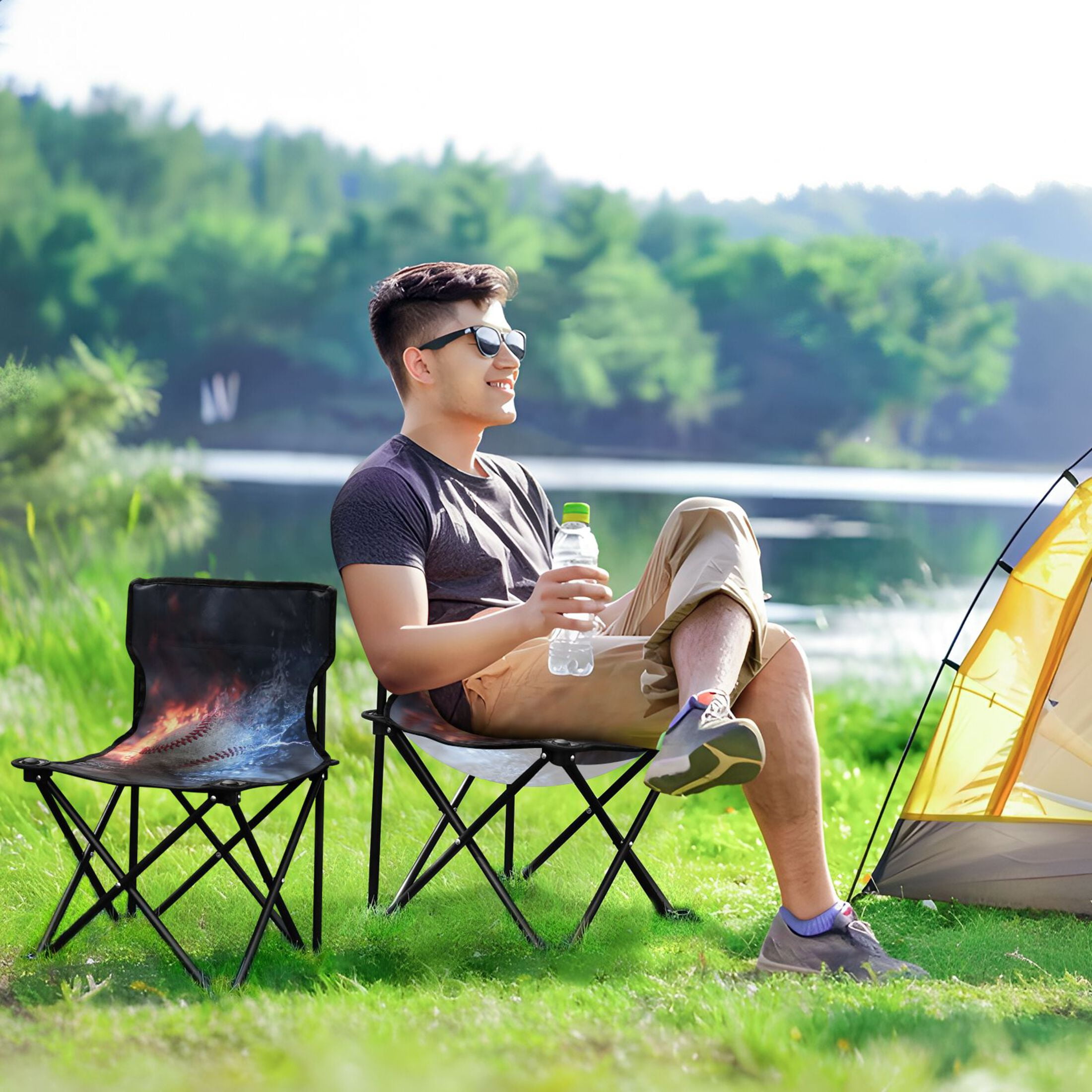 600D Oxford Camping Chair Portable Foldable Chair Supports 220 lbs for Picnic, Fishing, Backpacking Baseball with Water and Fire