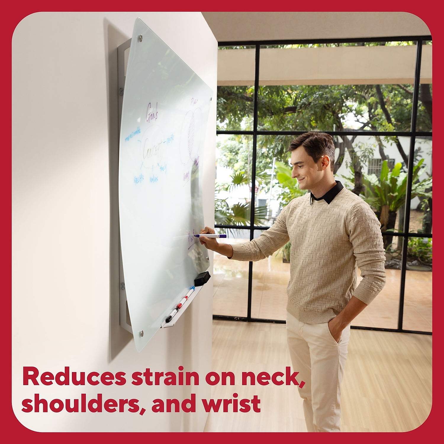 Staples TRU RED Ergonomic Curved Magnetic Glass Dry-Erase Whiteboard 4' x 3' (TR62094)