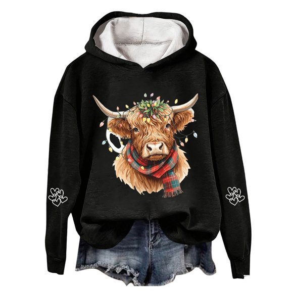 Women's Christmas Hoodies Highland Cattle Print Long Sleeve Hooded Sweatshirt Xmas Holiday Fall Fashion Pullover Sweaters Winter Clothes