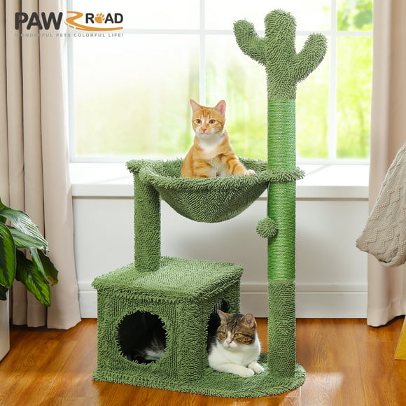 PAWZ Road 40"/102cm Cactus Cat Tree Cat Condo with Big Metal Frame Hammock for Indoor Cats, Green