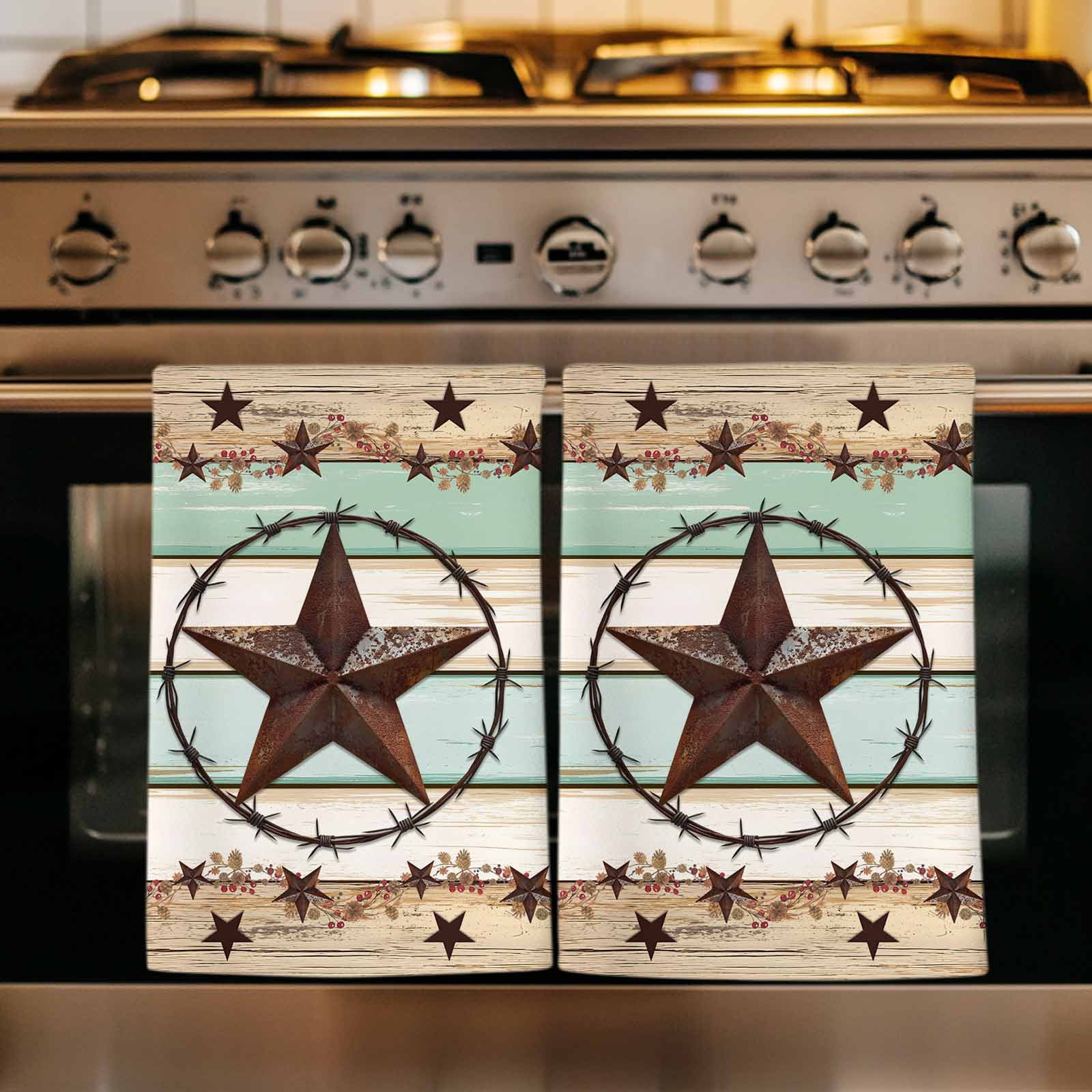 Western Texas Star Green Kitchen Towels Set of 3, Farmhouse Brown Country Vintage Soft Microfiber Dish Towels, Absorbent Washable Dishcloths for Kitchen Cleaning, Drying Dishes, 18x28 Inches