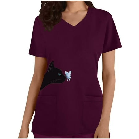 

Women Scrubs Tops Cute Print Short Sleeve V Neck Top Work Pocket Tops T Shirts Nurse Workwear