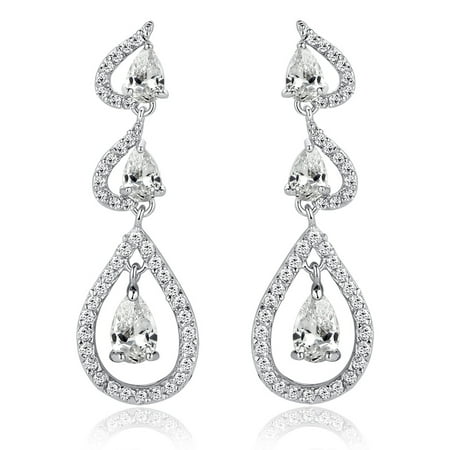 Heart Chandelier Earrings Joining Hearts W. Clear Teardrop and Round Cubic Zirconia Chandelier Earrings for Women Girls White Gold Plated ()
