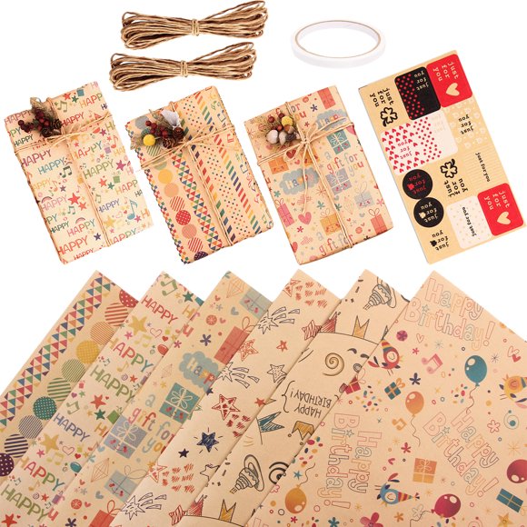 6 Sheets Birthday Wrapping Paper, Wrap Set with Flax String, Paper Sheets-Recyclable Birthday Gift, for Women Men Kraft Recycled Gift Wrapping Paper Set