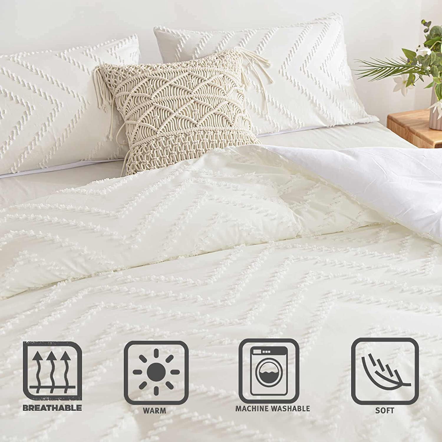 Seasonwood Queen Comforter Cover Set Microfiber Wave Bedding Duvet Cover 88'' x 90'' 3pcs White