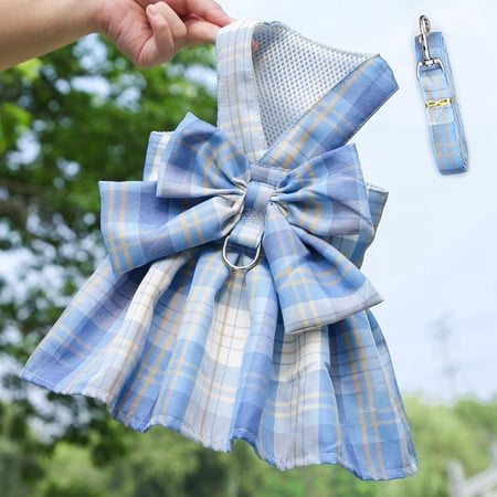 Adjustable With Breast Strap Chihuahua Bulldog Lattice Vest Leash Set Pets Clothes Collar Puppy Dress Dog Harness BLUE XXL SKIRT