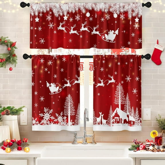 Christmas Reindeer Kitchen Window Curtains and Valances Set 36 Inch, Pine Tree Branches Winter Snowflakes Red Short Tier Curtain for Cafe Living Room Bathroom, Xmas 3 Pieces Set Kitchen Decor