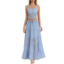 Musuos Women's Summer Skirt Outfits Solid Color Square Neck Tank Tops with Tiered A-line Long Skirt Set Casual Party Clothes